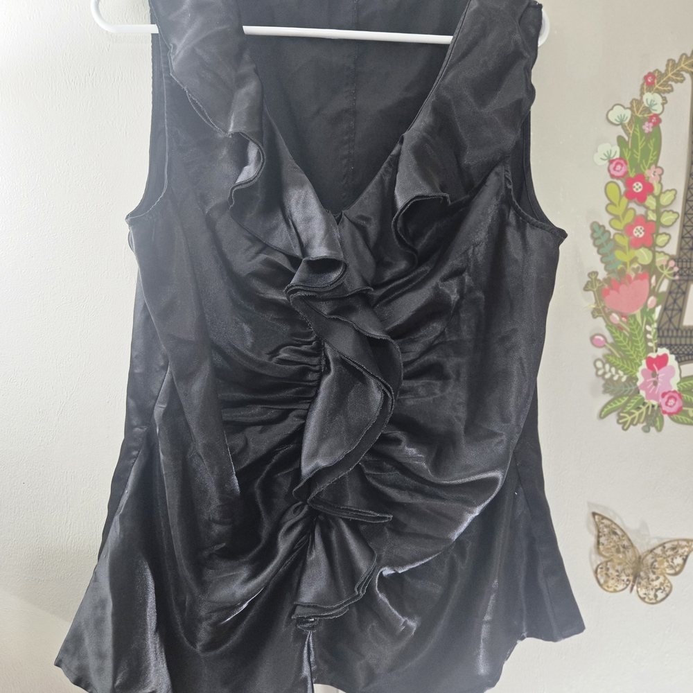 Black Ruffled Satin Sleeveless Top